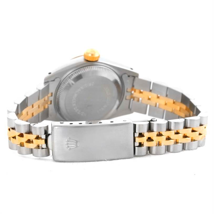 The image shows the back and band of a Rolex Datejust 69173 Women's Stainless Steel Champagne Dial 69173 Women's Stainless Steel Champagne Dial watch, highlighting its clasp and two-tone jubilee bracelet.