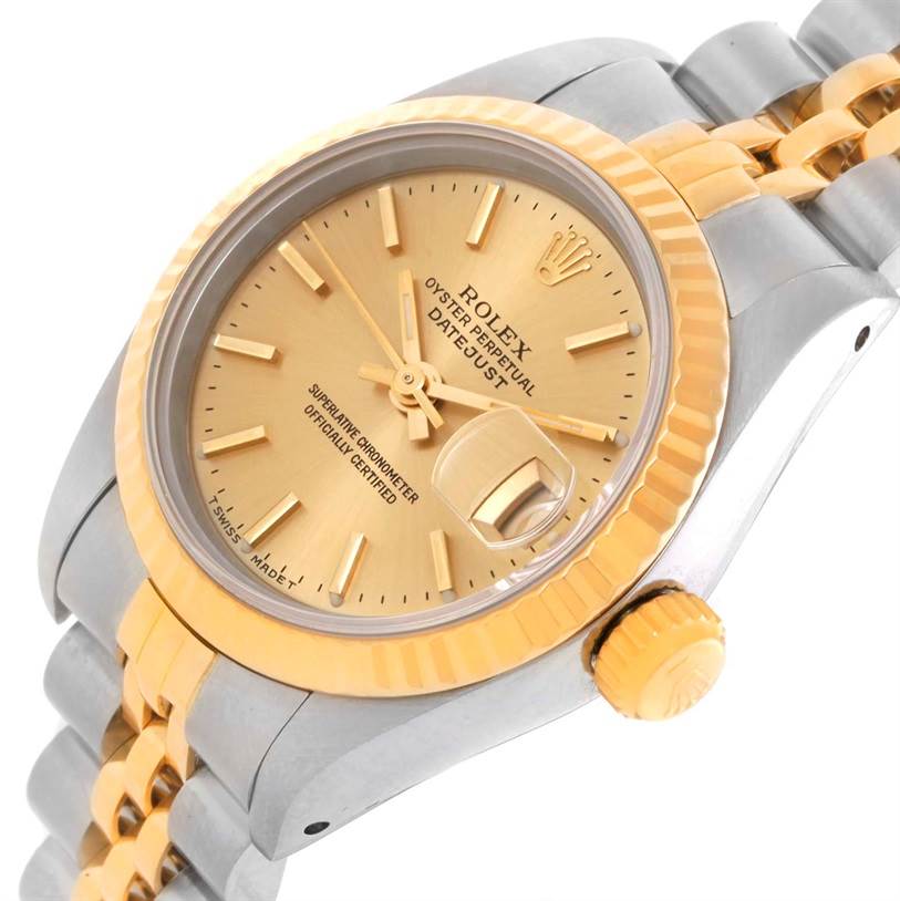 The Rolex Datejust 69173 Women's Stainless Steel Champagne Dial 69173 Women's Stainless Steel Champagne Dial watch is shown from a top-right angle, displaying the face, bezel, crown, and part of the bracelet.