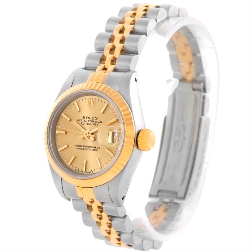 This Rolex Datejust 69173 Women's Stainless Steel Champagne Dial 69173 Women's Stainless Steel Champagne Dial watch is shown at an angled side view, highlighting the dial, crown, bezel, and two-tone bracelet.