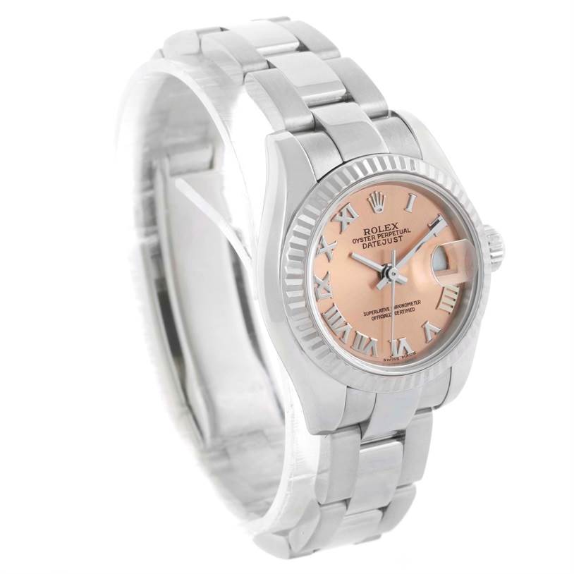 The image shows a Rolex Datejust 179174 Women's Stainless Steel Pink Dial 179174 Women's Stainless Steel Pink Dial watch at a three-quarter angle, highlighting the face, bezel, and band.