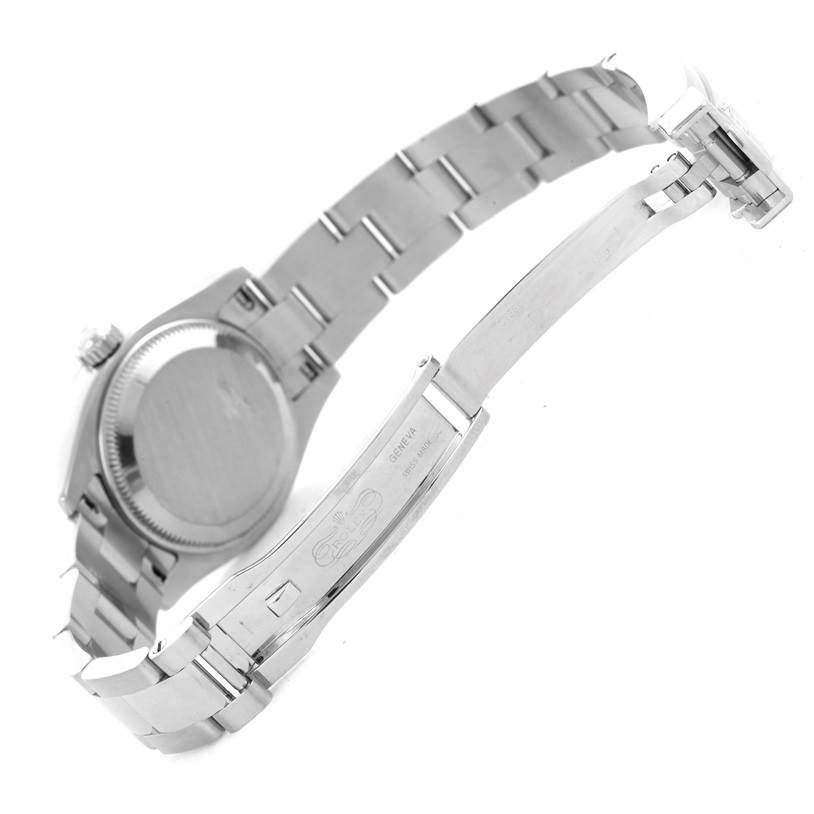 This image shows the open bracelet and clasp of a Rolex Datejust 179174 Women's Stainless Steel Pink Dial 179174 Women's Stainless Steel Pink Dial watch, revealing the case back and inner clasp.