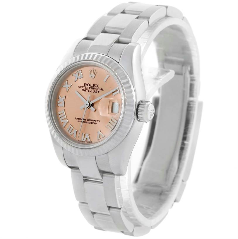 The Rolex Datejust 179174 Women's Stainless Steel Pink Dial 179174 Women's Stainless Steel Pink Dial watch is shown at a slight angle, highlighting the dial, case, bezel, and bracelet.