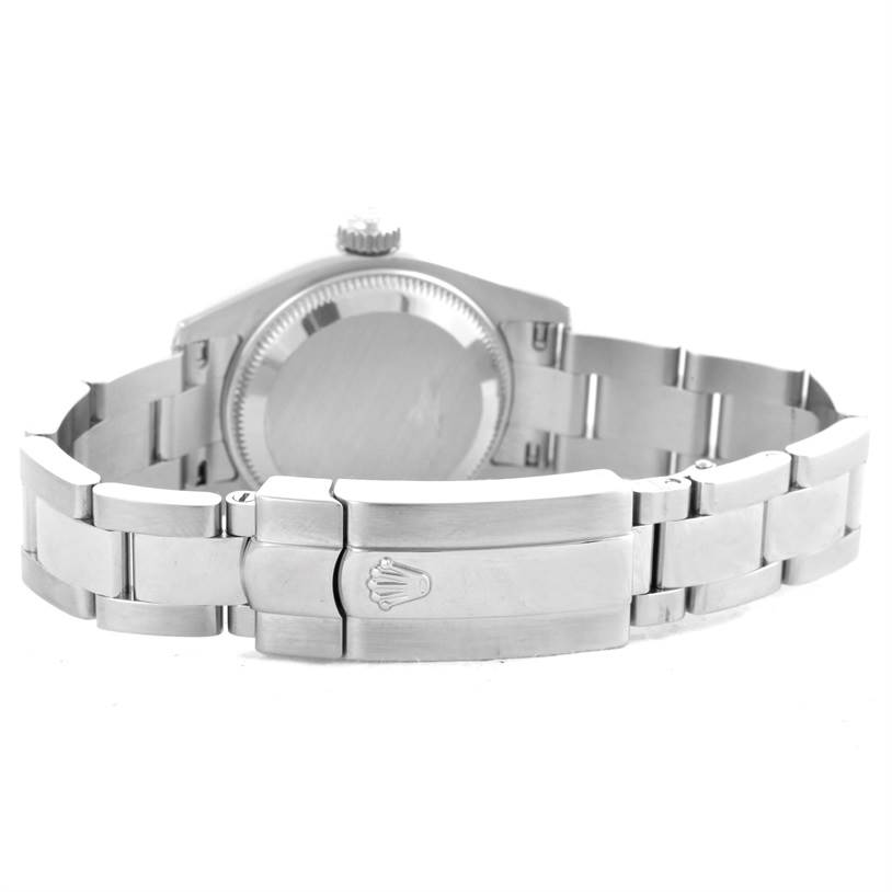 This image shows the back view of a Rolex Datejust 179174 Women's Stainless Steel Pink Dial 179174 Women's Stainless Steel Pink Dial's case, crown, and bracelet with the clasp visible.