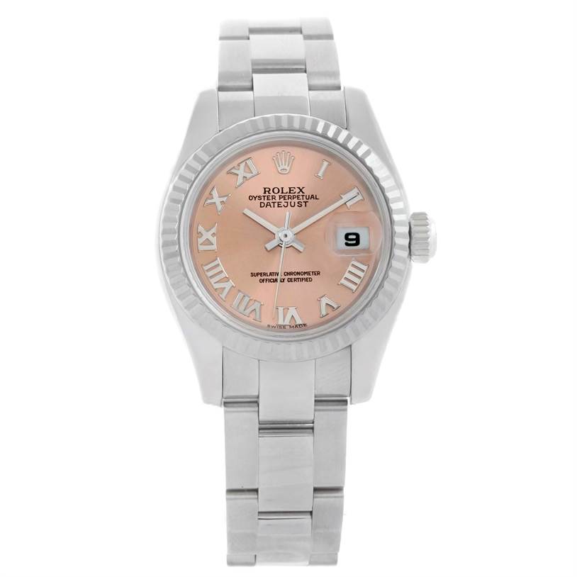 The image showcases a Rolex Datejust 179174 Women's Stainless Steel Pink Dial 179174 Women's Stainless Steel Pink Dial watch from the front, showing its face, bezel, and bracelet.