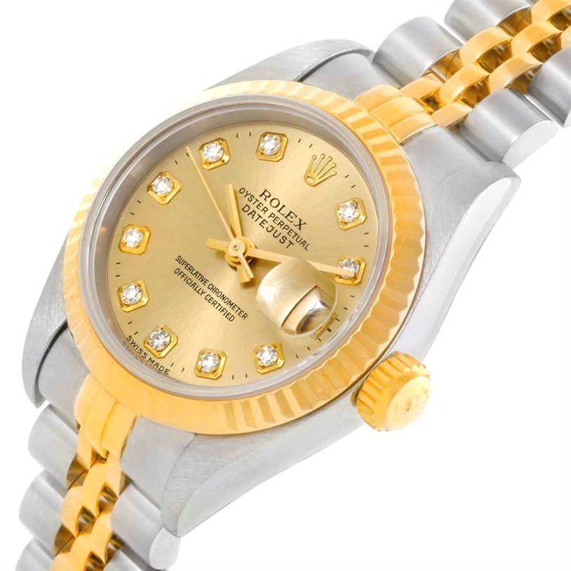 The image shows a Rolex Datejust 69173 Women's Stainless Steel Champagne Dial 69173 Women's Stainless Steel Champagne Dial watch angled slightly to the right, highlighting the face, bezel, and part of the bracelet.
