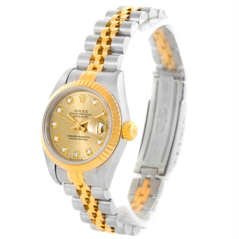 The image shows a Rolex Datejust 69173 Women's Stainless Steel Champagne Dial 69173 Women's Stainless Steel Champagne Dial watch at an angle displaying the face, crown, and part of the band.