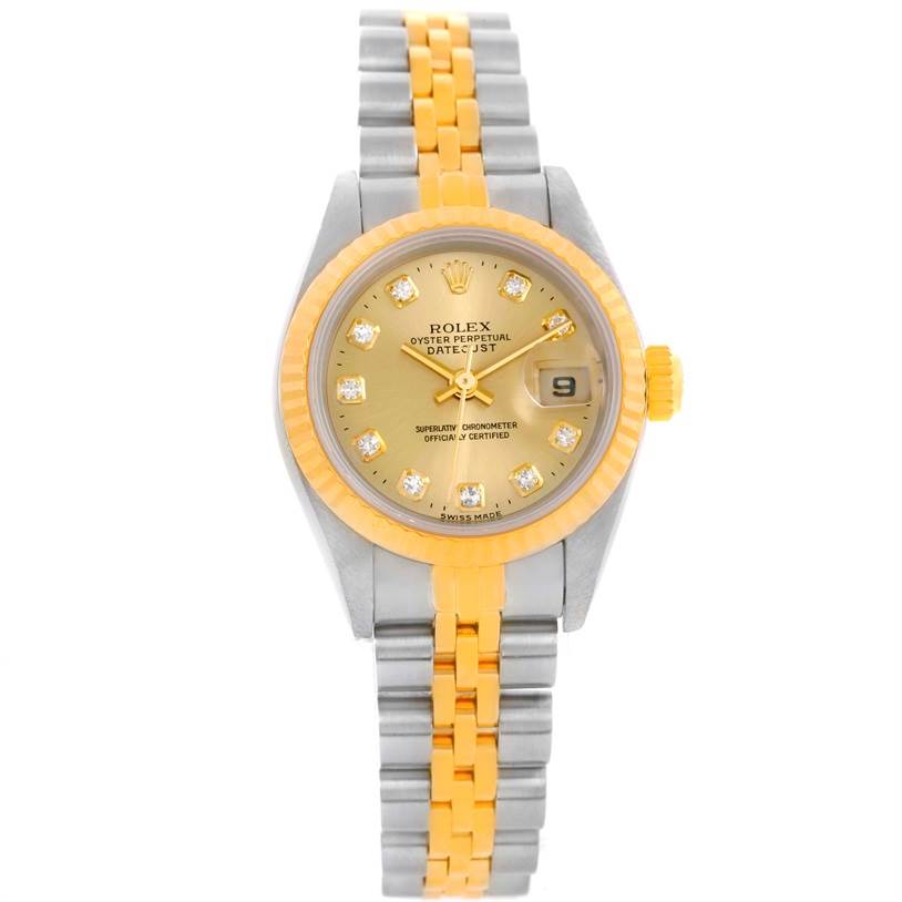 This is a front view of a Rolex Datejust 69173 Women's Stainless Steel Champagne Dial 69173 Women's Stainless Steel Champagne Dial watch showing the face, bezel, crown, and two-tone bracelet.