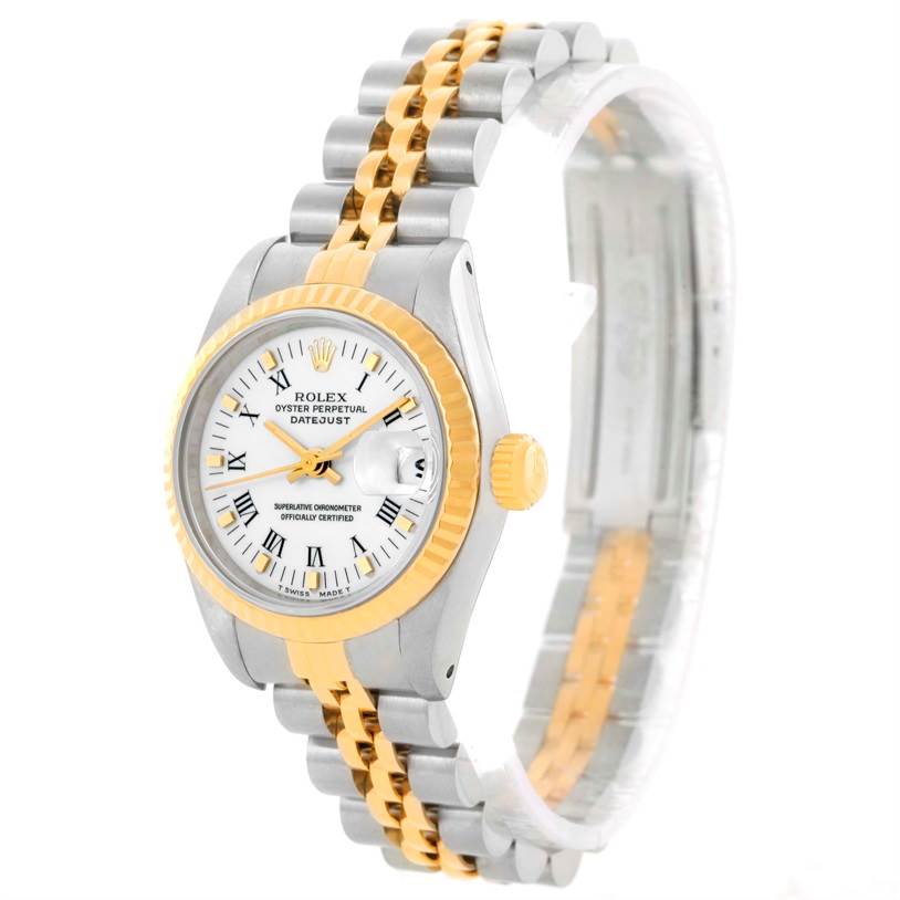 The image shows a Rolex Datejust 69173 Women's Stainless Steel White Dial 69173 Women's Stainless Steel White Dial watch from a front-side angle, displaying the face, bezel, and bracelet.