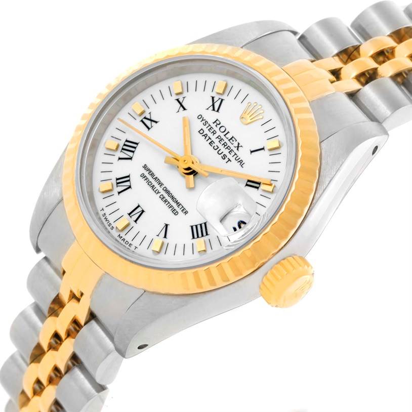 The image shows a Rolex Datejust 69173 Women's Stainless Steel White Dial 69173 Women's Stainless Steel White Dial watch at a slight top-side angle, highlighting the bezel, dial, crown, and bracelet.