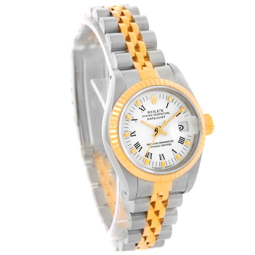 The image shows a Rolex Datejust 69173 Women's Stainless Steel White Dial 69173 Women's Stainless Steel White Dial watch at an angle highlighting its face, bezel, and two-tone bracelet.