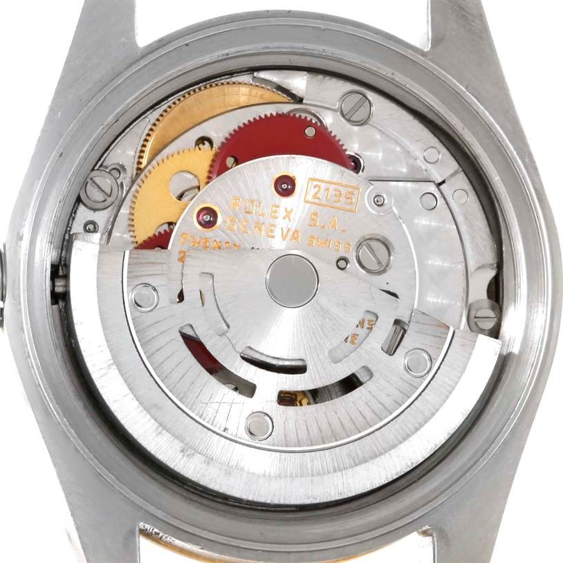 This image shows a close-up of the back movement mechanism of a Rolex Datejust 69173 Women
s Stainless Steel White Dial 69173 Women
s Stainless Steel White Dial watch.
