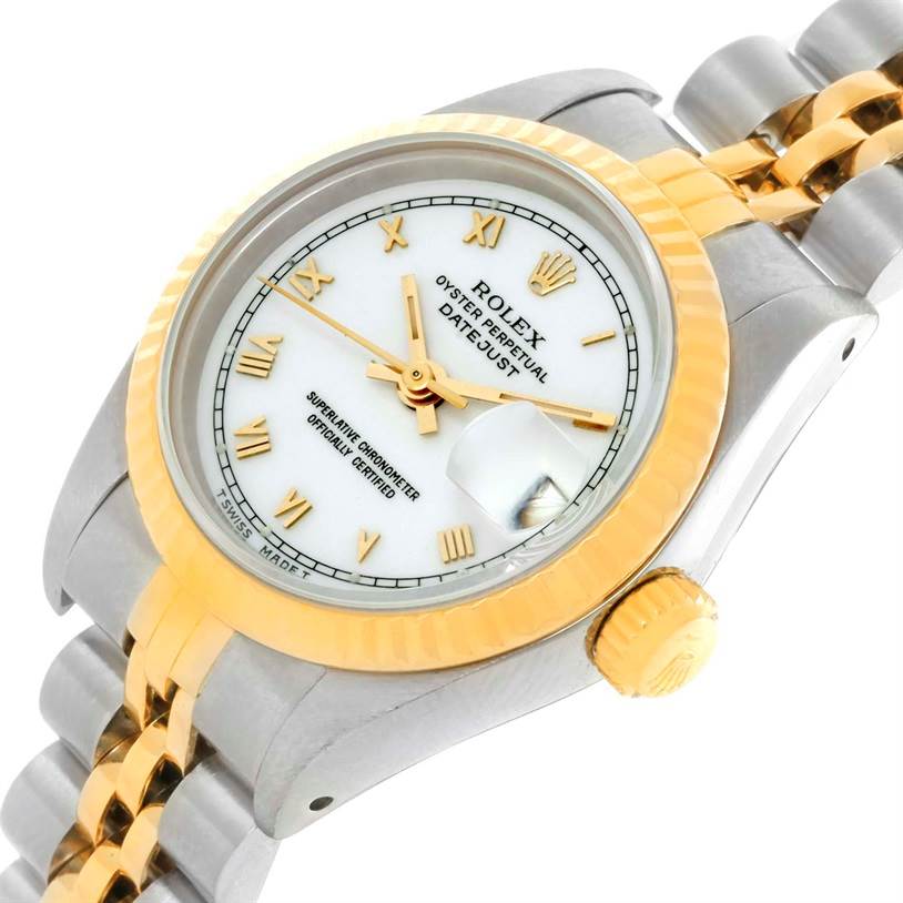 This image shows a Rolex Datejust 69173 Women
s Stainless Steel White Dial 69173 Women
s Stainless Steel White Dial watch at a slight angle, displaying its face, bezel, crown, and part of the bracelet.