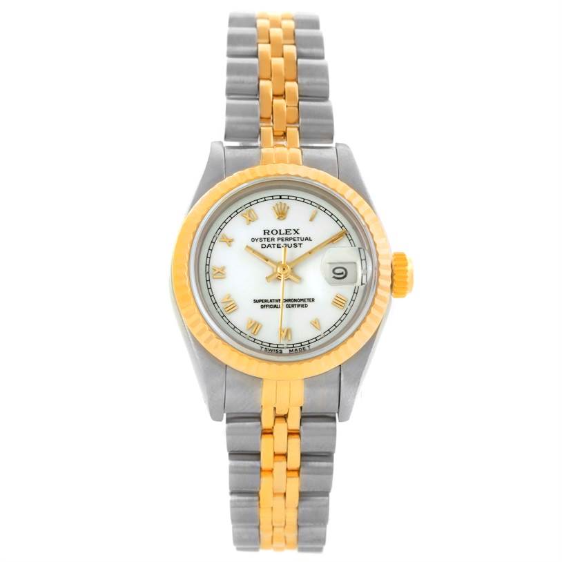 The image shows a frontal view of a Rolex Datejust 69173 Women
s Stainless Steel White Dial 69173 Women
s Stainless Steel White Dial watch, highlighting the face, bezel, and two-tone bracelet.