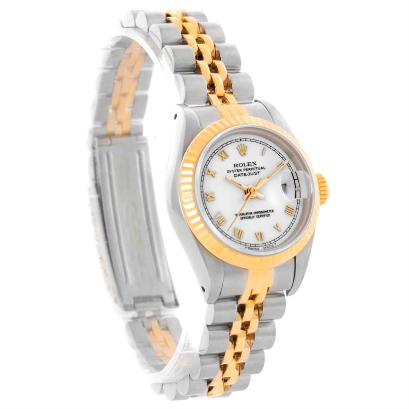 The image shows a Rolex Datejust 69173 Women
s Stainless Steel White Dial 69173 Women
s Stainless Steel White Dial watch at a side angle, highlighting its two-tone bracelet and face.
