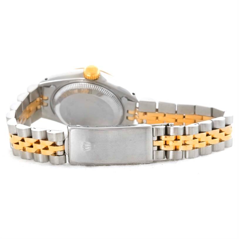 This image shows the back and clasp of a Rolex Datejust 69173 Women
s Stainless Steel White Dial 69173 Women
s Stainless Steel White Dial watch, with a two-tone metal bracelet visible.