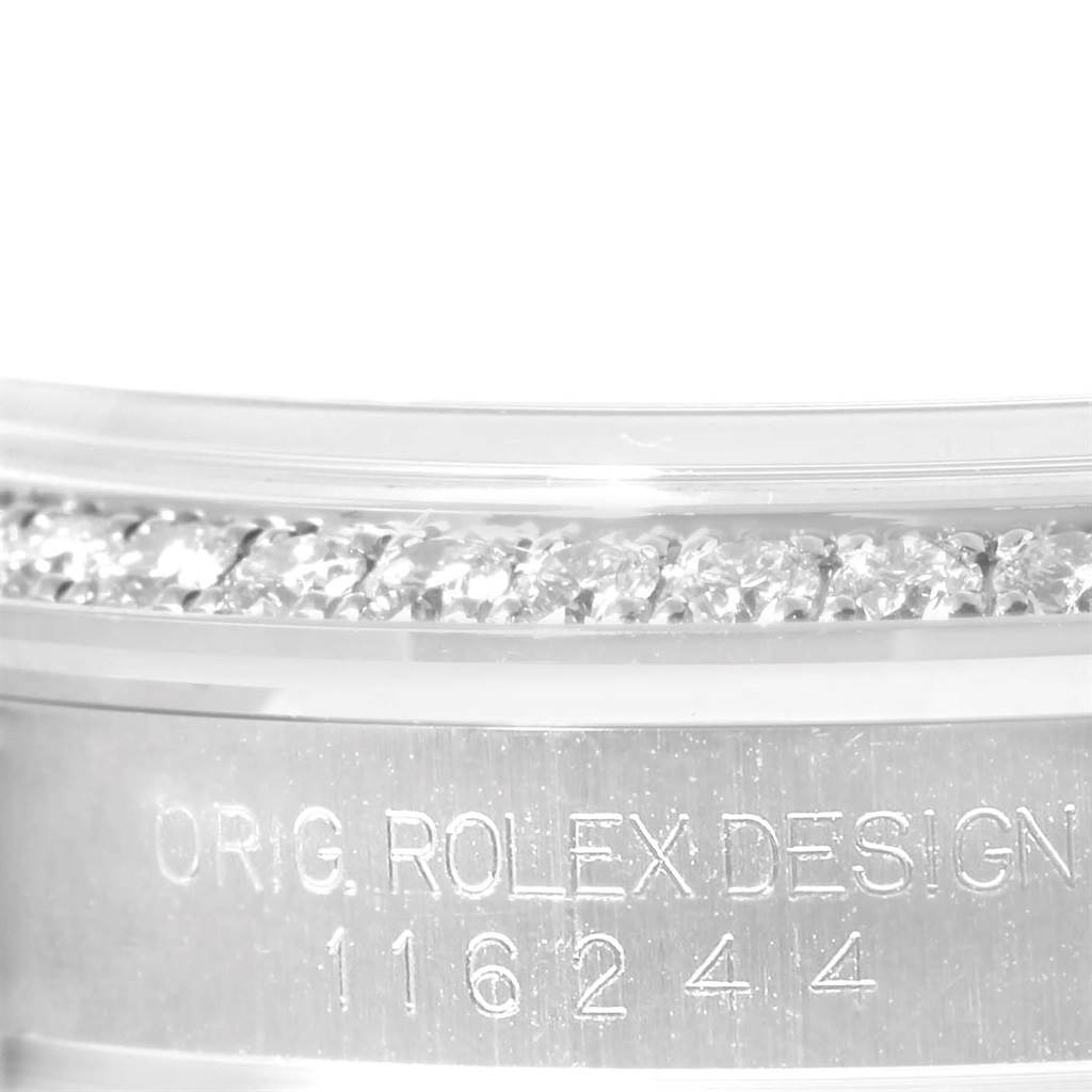 This close-up image shows the model number and diamond-set bezel of a Rolex Datejust 116244 Men's Stainless Steel Brown Dial 116244 Men's Stainless Steel Brown Dial watch.