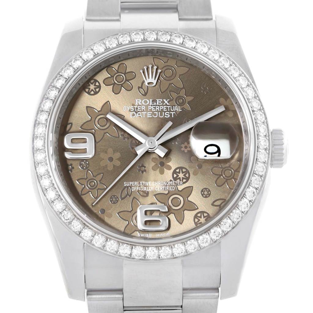 The image shows a close-up of a Rolex Datejust 116244 Men's Stainless Steel Brown Dial 116244 Men's Stainless Steel Brown Dial watch face, displaying the bezel, dial, hands, and part of the bracelet.