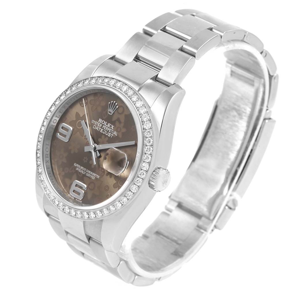 The Rolex Datejust 116244 Men's Stainless Steel Brown Dial 116244 Men's Stainless Steel Brown Dial watch is shown from an angled top view, highlighting its dial, bezel, and bracelet.