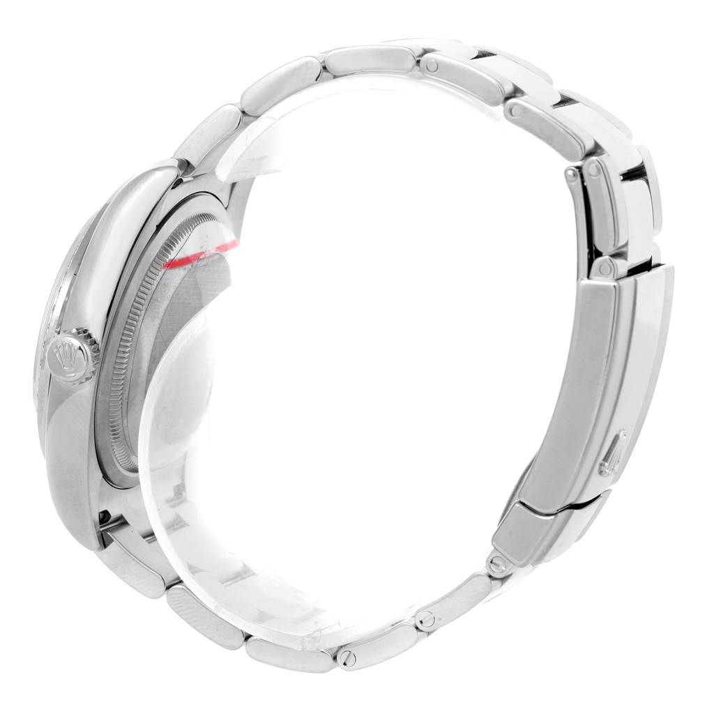 The image shows a side view of the Rolex Datejust 116244 Men's Stainless Steel Brown Dial 116244 Men's Stainless Steel Brown Dial watch, highlighting the crown, case, and bracelet.