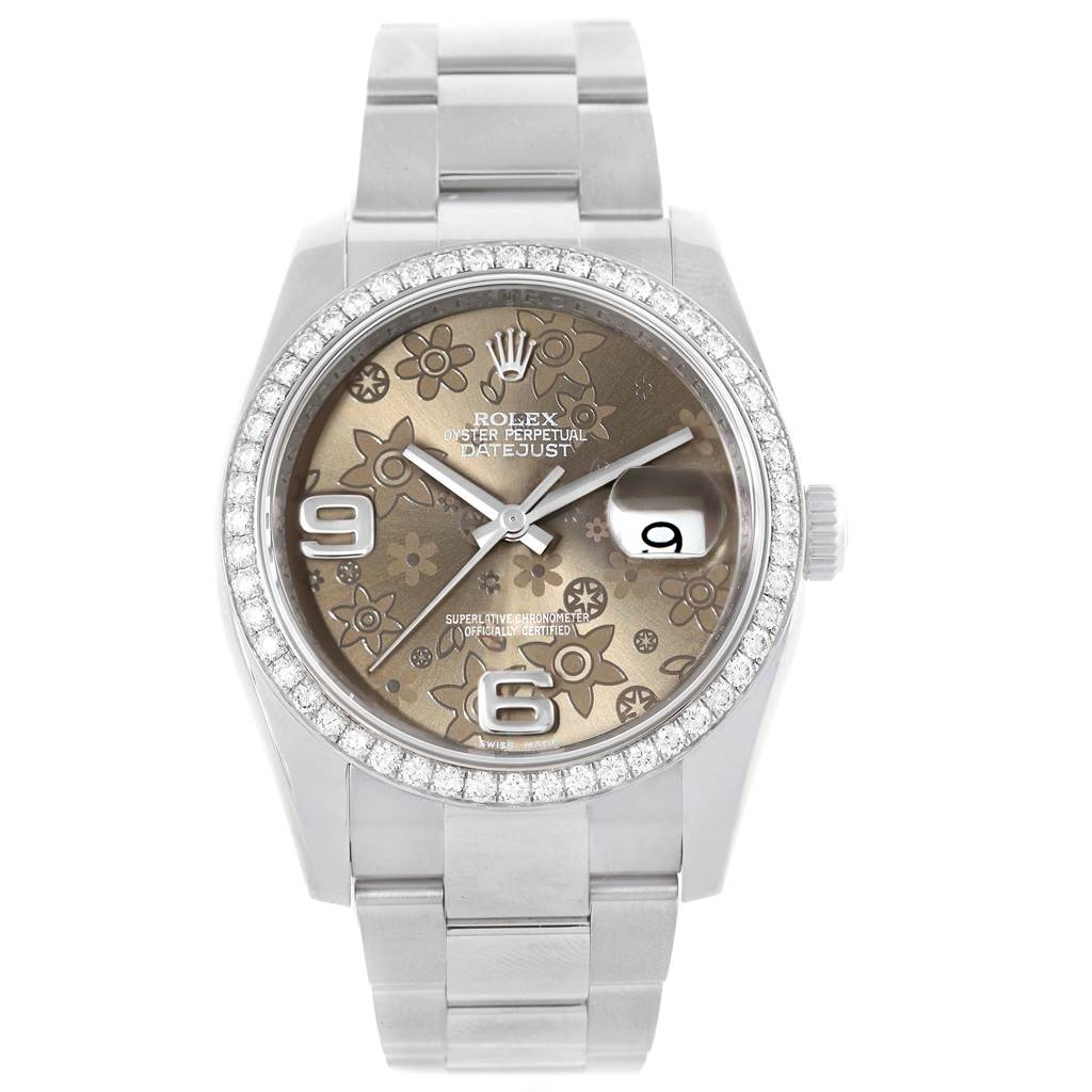 This image shows a front view of a Rolex Datejust 116244 Men's Stainless Steel Brown Dial 116244 Men's Stainless Steel Brown Dial watch, featuring its floral-patterned dial, stainless steel bracelet, and diamond bezel.