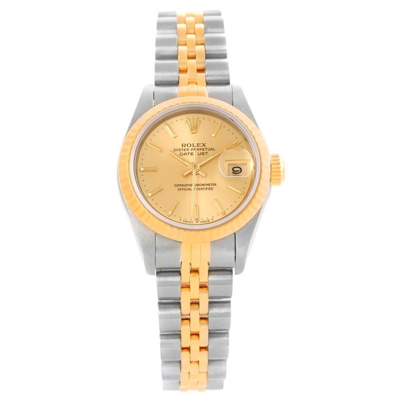 The image shows a full front view of a Rolex Datejust 69173 Women's Stainless Steel Champagne Dial 69173 Women's Stainless Steel Champagne Dial watch, displaying its two-tone bracelet, dial, and date window.