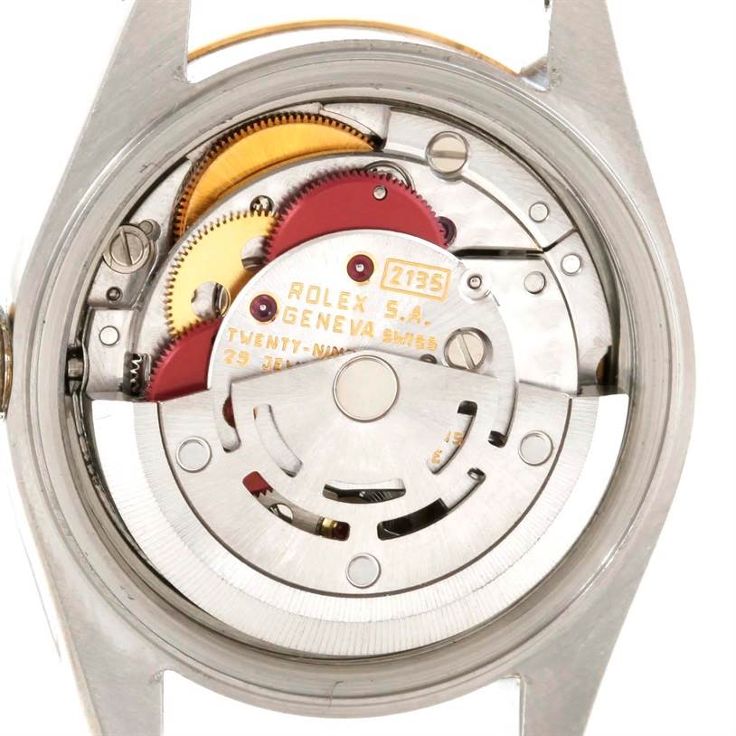 The image shows the back of a Rolex Datejust 69173 Women's Stainless Steel Champagne Dial 69173 Women's Stainless Steel Champagne Dial watch, focused on the internal mechanism and movement components.