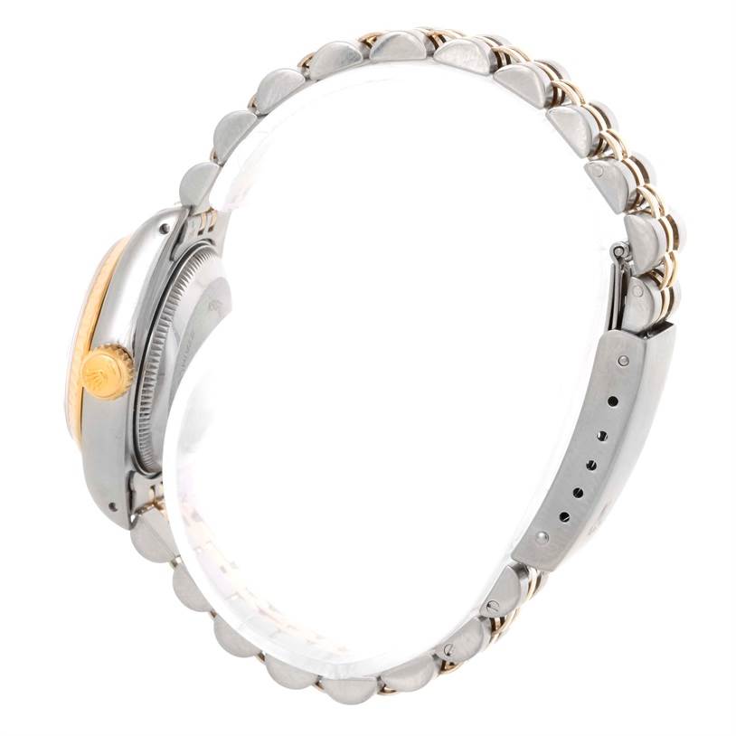 The image shows a side view of a Rolex Datejust 69173 Women's Stainless Steel Champagne Dial 69173 Women's Stainless Steel Champagne Dial watch, highlighting the bracelet, crown, and part of the case.