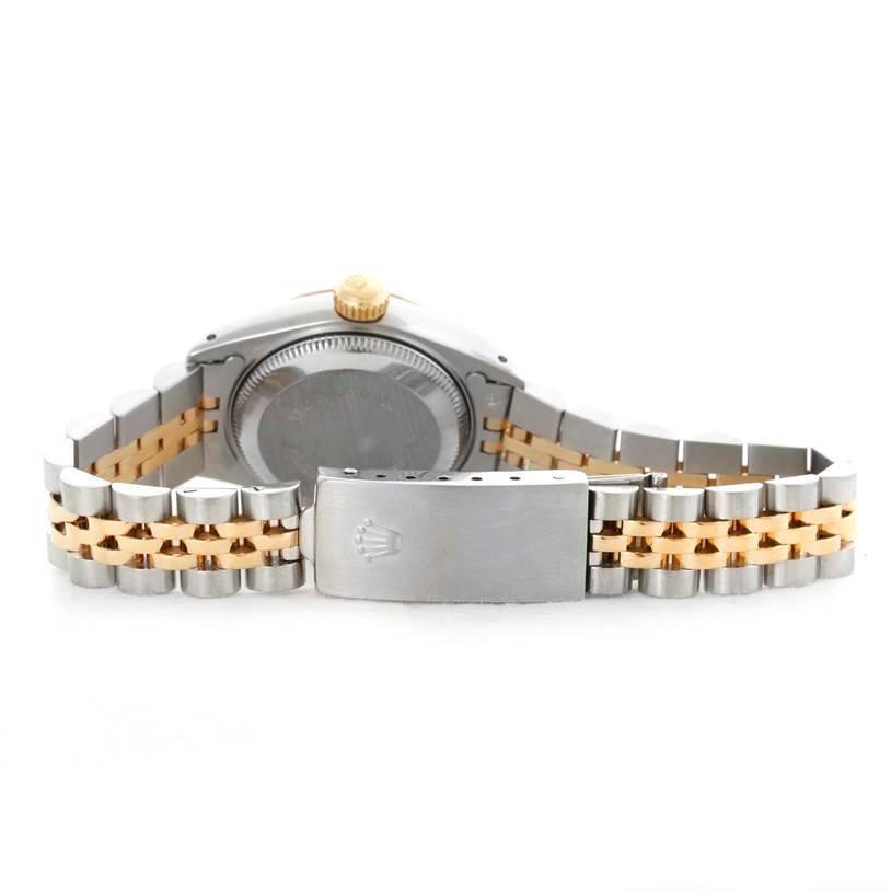This image shows the back view of a Rolex Datejust 69173 Women's Stainless Steel Champagne Dial 69173 Women's Stainless Steel Champagne Dial watch, highlighting the case back, crown, and two-tone Jubilee bracelet with clasp.