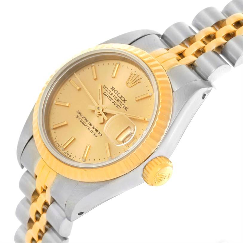 This image shows a Rolex Datejust 69173 Women's Stainless Steel Champagne Dial 69173 Women's Stainless Steel Champagne Dial watch at an angle, displaying the dial, bezel, crown, and part of the bracelet.