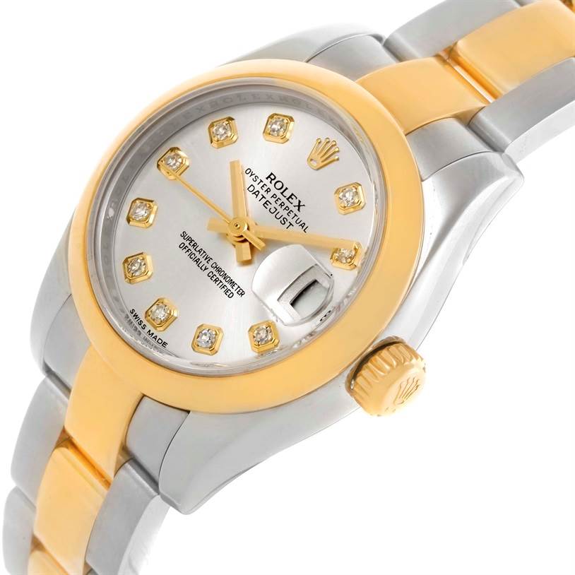 This Rolex Datejust 179163 Women's Steel and Gold (two tone) Silver Dial 179163 Women's Steel and Gold (two tone) Silver Dial watch is shown from a front angle, highlighting its face, bezel, crown, and part of the bracelet.