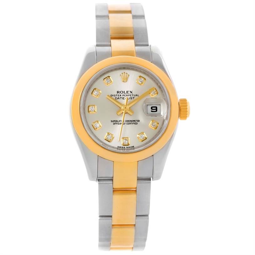 The image shows a Rolex Datejust 179163 Women's Steel and Gold (two tone) Silver Dial 179163 Women's Steel and Gold (two tone) Silver Dial watch from a front view, displaying its dial, bezel, and two-tone bracelet.