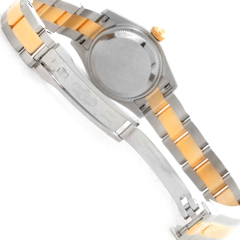 The image shows the back and clasp of a Rolex Datejust 179163 Women's Steel and Gold (two tone) Silver Dial 179163 Women's Steel and Gold (two tone) Silver Dial watch, with a two-tone metal bracelet.