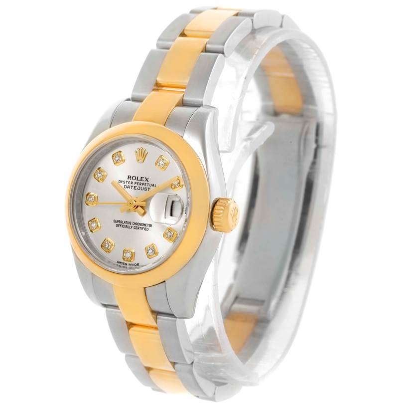 The Rolex Datejust 179163 Women's Steel and Gold (two tone) Silver Dial 179163 Women's Steel and Gold (two tone) Silver Dial watch is shown at a front angle, highlighting the dial, bezel, crown, and bracelet.