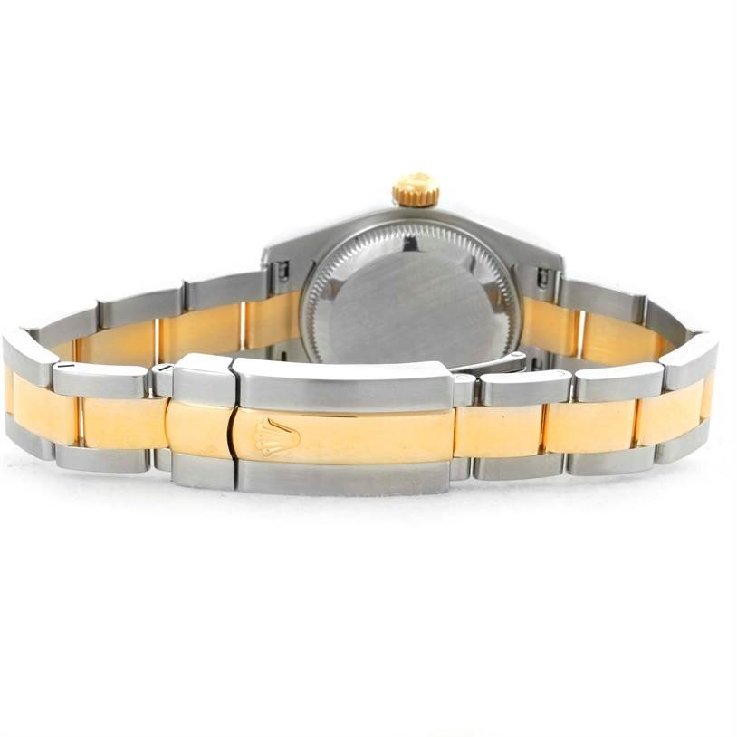 This image shows the back view of a Rolex Datejust 179163 Women's Steel and Gold (two tone) Silver Dial 179163 Women's Steel and Gold (two tone) Silver Dial watch, highlighting its two-tone band and clasp.