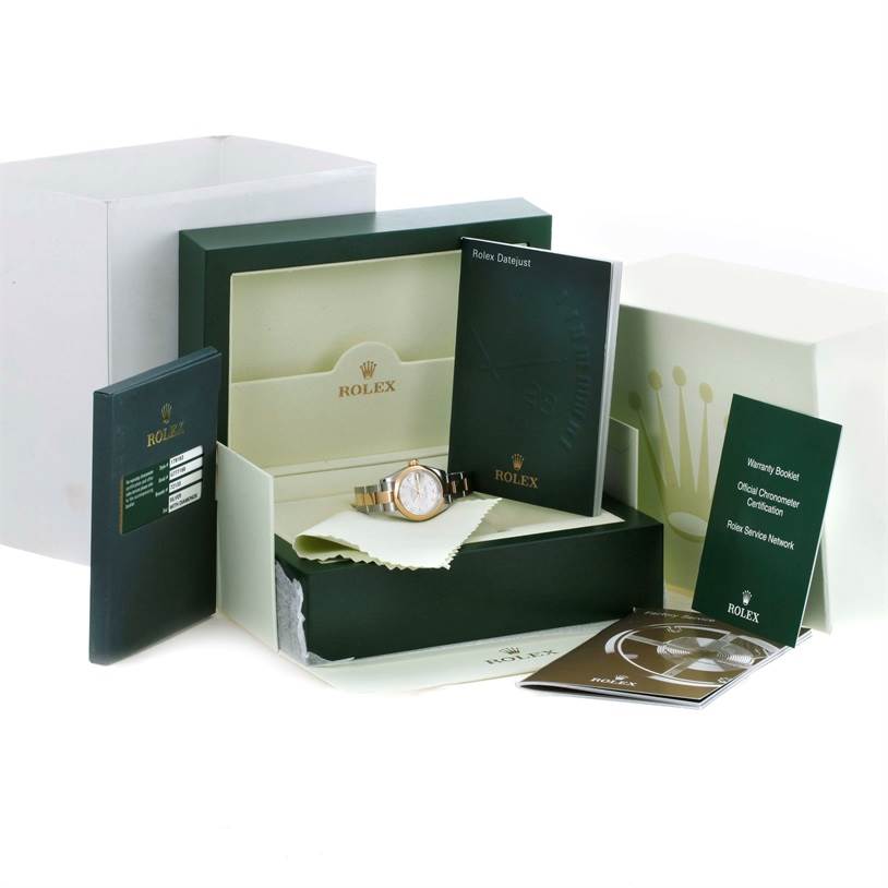 The image shows a Rolex Datejust 179163 Women's Steel and Gold (two tone) Silver Dial 179163 Women's Steel and Gold (two tone) Silver Dial watch with its box, warranty booklet, and other documentation from a front angle.