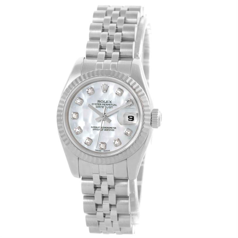 This image shows a Rolex Datejust 179174 Women's Stainless Steel Mother of Pearl Dial 179174 Women's Stainless Steel Mother of Pearl Dial watch, displaying its face and bracelet from a front angle.