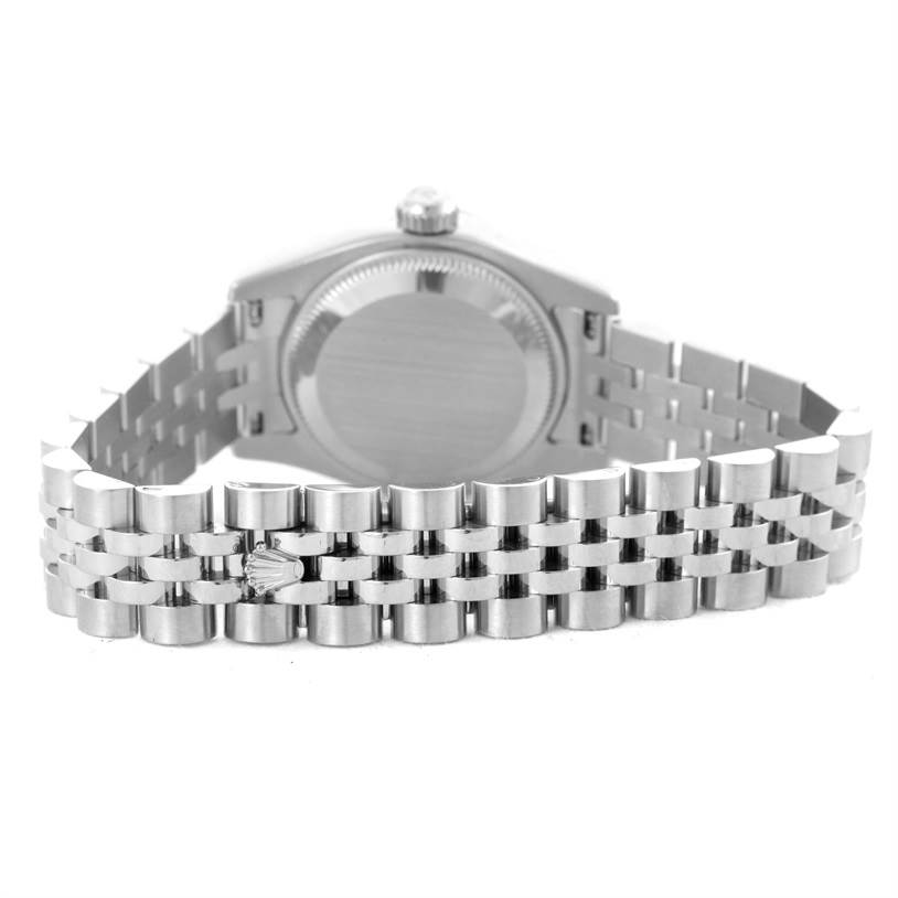 This image shows the back view of a Rolex Datejust 179174 Women's Stainless Steel Mother of Pearl Dial 179174 Women's Stainless Steel Mother of Pearl Dial watch, focusing on the case back and stainless steel bracelet.