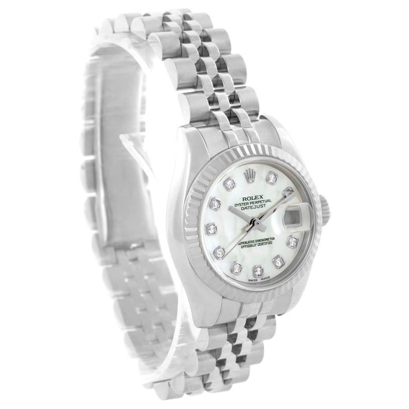 This is a Rolex Datejust 179174 Women's Stainless Steel Mother of Pearl Dial 179174 Women's Stainless Steel Mother of Pearl Dial watch viewed from an angled front perspective, showing the dial, bezel, and bracelet.