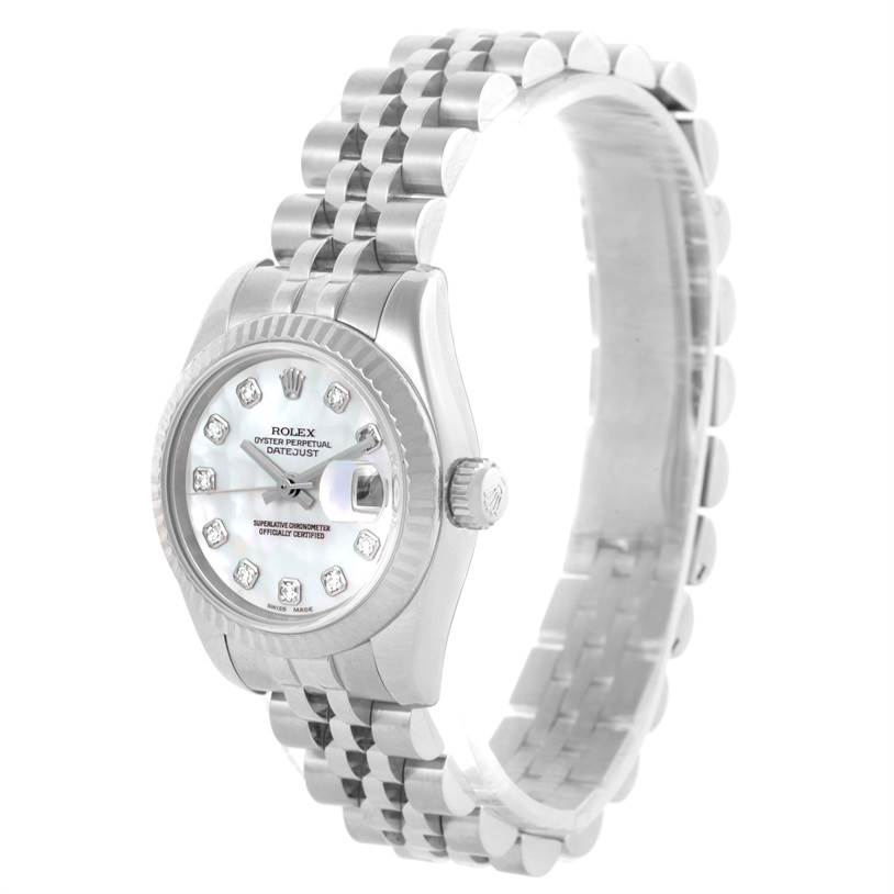 This image shows a Rolex Datejust 179174 Women's Stainless Steel Mother of Pearl Dial 179174 Women's Stainless Steel Mother of Pearl Dial watch at a slight angle, highlighting the dial, bezel, and bracelet.