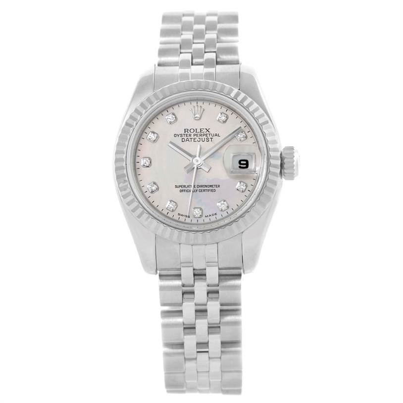 This image shows a Rolex Datejust 179174 Women's Stainless Steel Mother of Pearl Dial 179174 Women's Stainless Steel Mother of Pearl Dial watch from a top-down angle, displaying the face, bezel, bracelet, and crown.