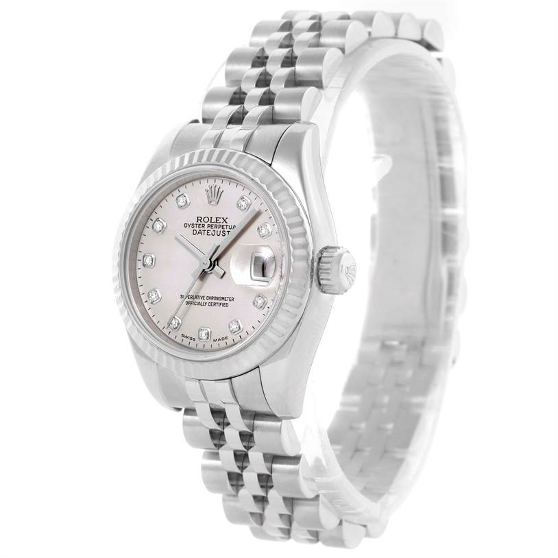 The image shows a Rolex Datejust 179174 Women's Stainless Steel Mother of Pearl Dial 179174 Women's Stainless Steel Mother of Pearl Dial watch from an angled view, highlighting the face, bezel, crown, and bracelet.