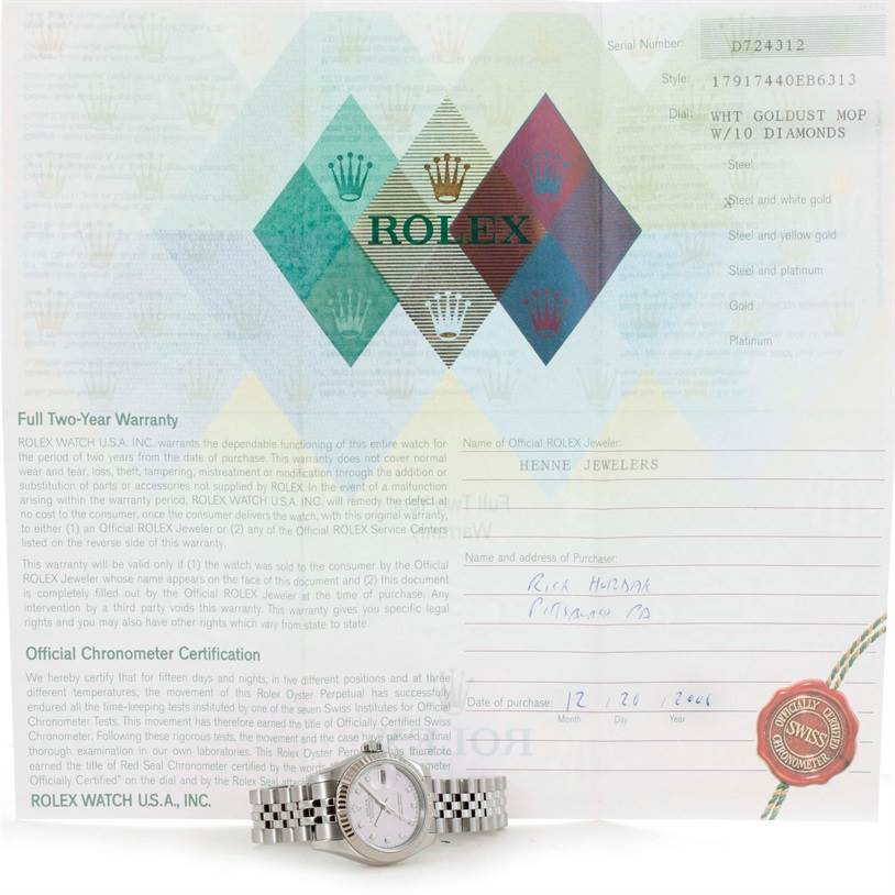 The image shows a Rolex Datejust 179174 Women's Stainless Steel Mother of Pearl Dial 179174 Women's Stainless Steel Mother of Pearl Dial watch and its warranty certificate, including detailed information about the model and purchase.