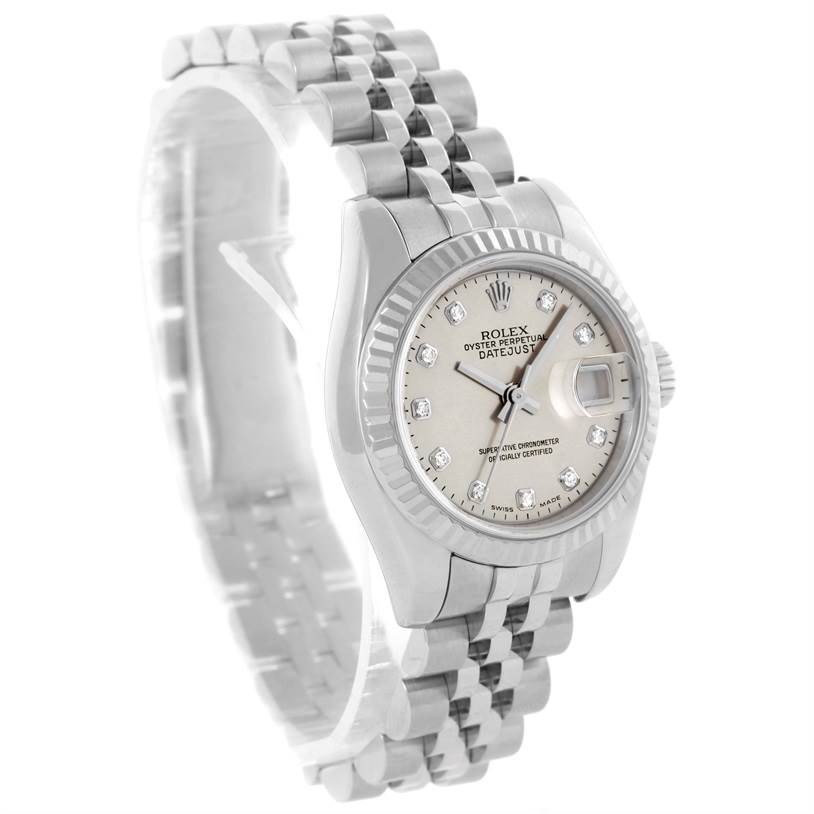 This image shows a Rolex Datejust 179174 Women's Stainless Steel Mother of Pearl Dial 179174 Women's Stainless Steel Mother of Pearl Dial watch from an angled front view displaying its dial and bracelet.