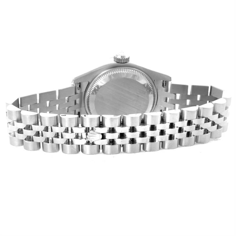This image shows the rear view of a Rolex Datejust 179174 Women's Stainless Steel Mother of Pearl Dial 179174 Women's Stainless Steel Mother of Pearl Dial watch, displaying its case back and Jubilee bracelet.