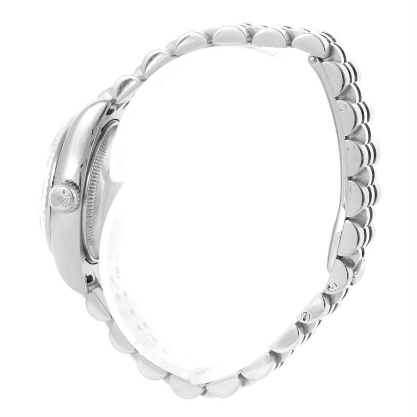 The image shows a side view of the Rolex Datejust 179174 Women's Stainless Steel Mother of Pearl Dial 179174 Women's Stainless Steel Mother of Pearl Dial watch, including its case, crown, and part of the bracelet.