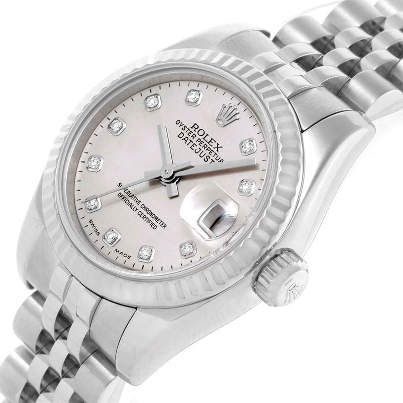 The Rolex Datejust 179174 Women's Stainless Steel Mother of Pearl Dial 179174 Women's Stainless Steel Mother of Pearl Dial watch is shown at a slight angle, highlighting the face, crown, and part of the bracelet.
