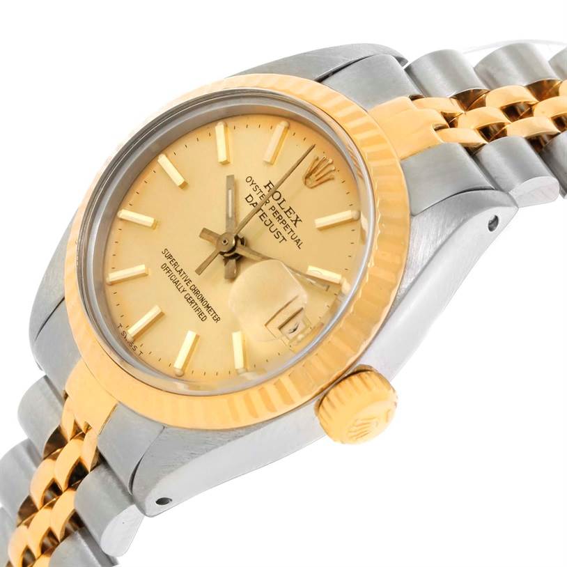 The Rolex Datejust 6917 Women's Stainless Steel Champagne Dial 6917 Women's Stainless Steel Champagne Dial watch is shown from a side-angle view, highlighting the dial, bezel, and bracelet.