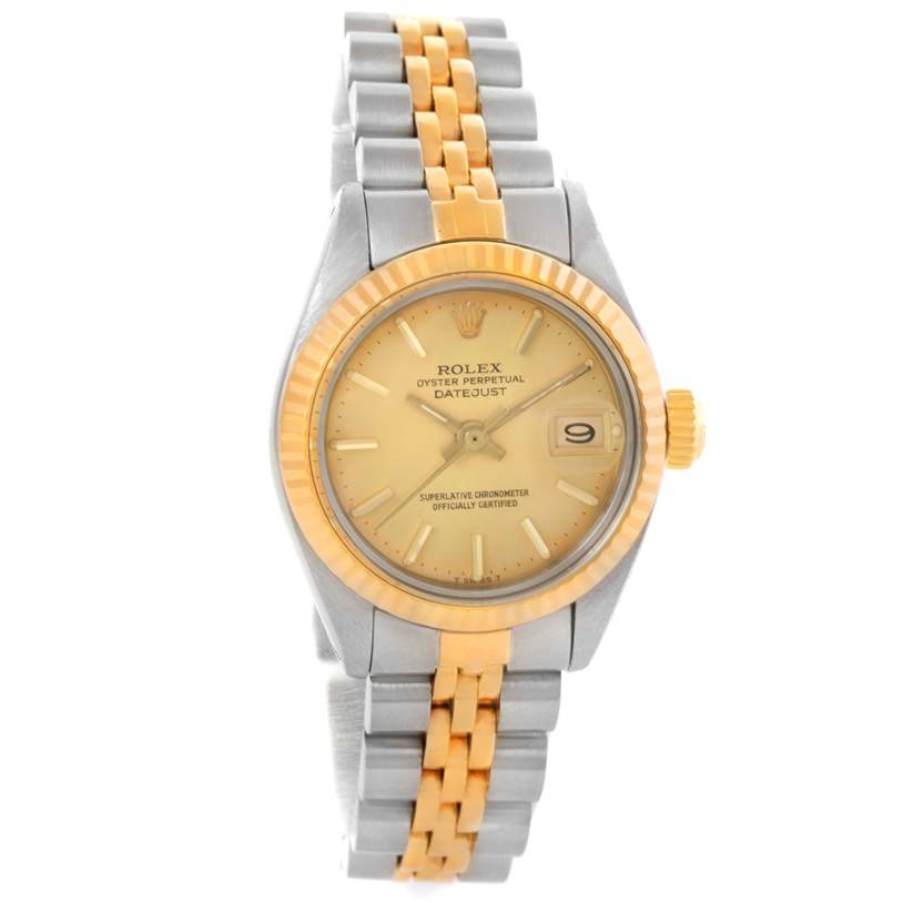 The image shows a front view of a Rolex Datejust 6917 Women's Stainless Steel Champagne Dial 6917 Women's Stainless Steel Champagne Dial watch, highlighting its two-tone bracelet, dial, and fluted bezel.