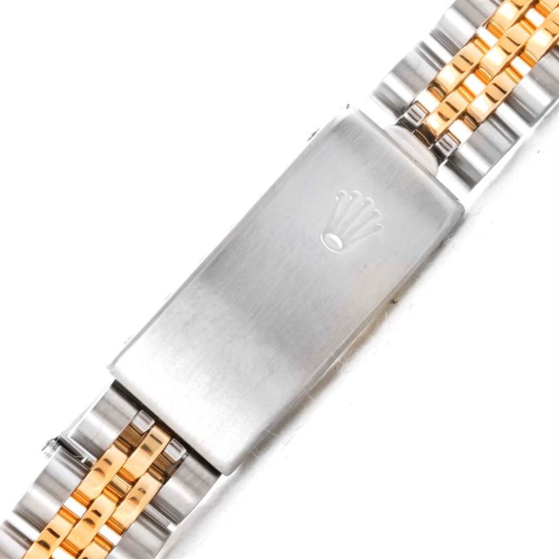 The image shows a close-up view of the Jubilee bracelet clasp of a Rolex Datejust 69173 Women
s Stainless Steel Black Dial 69173 Women
s Stainless Steel Black Dial watch.