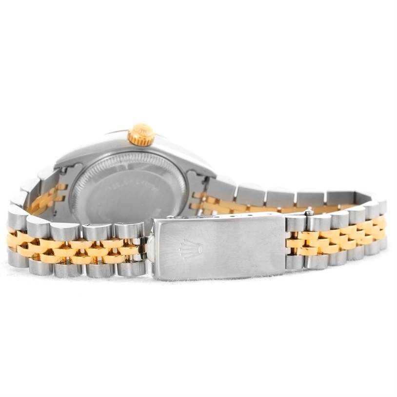 This image shows the back view of a Rolex Datejust 69173 Women
s Stainless Steel Black Dial 69173 Women
s Stainless Steel Black Dial watch, highlighting the bracelet, clasp, and case back.